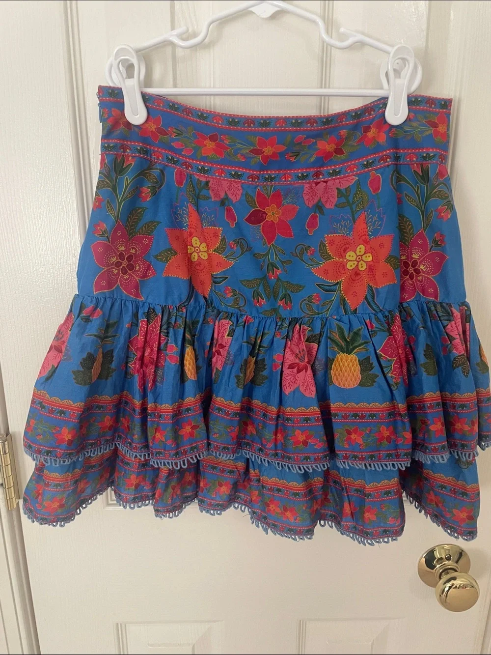 FARM Rio Blue Floral & Pineapple Ruffle Mini Skirt